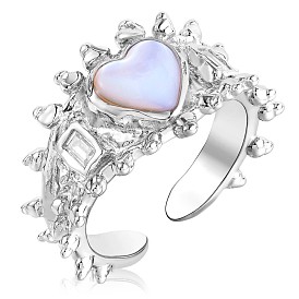 925 Sterling Silver Heart Open Cuff Ring, Natural Shell Chunky Ring with Clear Cubic Zirconia for Women