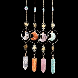 Natural Gemstone Moon & Bullet Window Hanging Suncatchers, Metal Sun Pendant Decorations, Car Ornament
