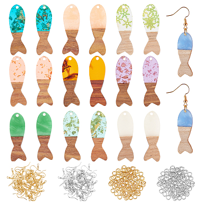 DIY 10Pairs Fish Earring Making Kits, Including 10 Colors Resin & Walnut Wood Pendants, Brass Earring Hooks & Jump Rings