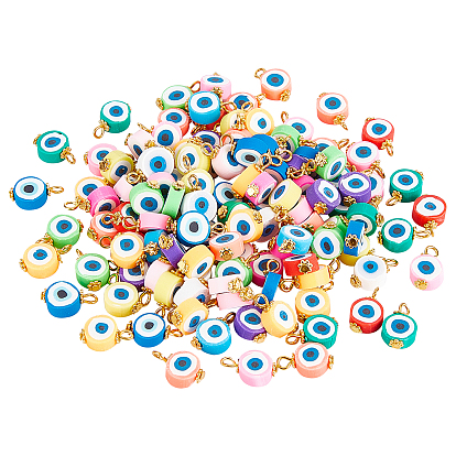 Handmade Polymer Clay Pendants, with Golden Tone Iron & Alloy Findings, Flat Round with Evil Eye