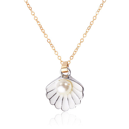 304 Stainless Steel Necklaces, Shell Shape, with Alloy Enamel & ABS Plastic Imitation Pearl Pendants, Golden