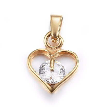 304 Stainless Steel Charms, with Cubic Zirconia, Heart, Clear
