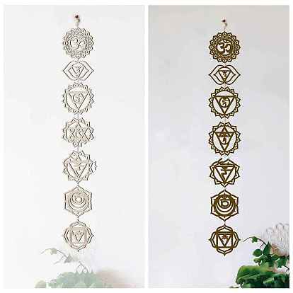 Bohemian Meditation Energy Symbol Wood Coasters, 7 Chakra Yoga Wall Art Cup Mat, Also as Pendant Decorations, with Rope