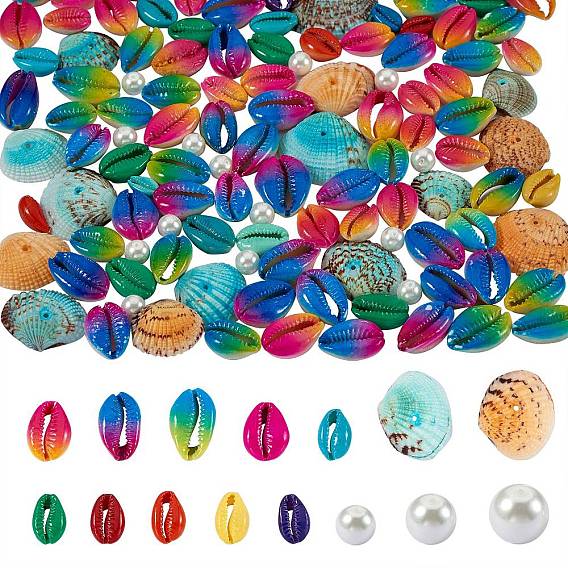 Spray Paint Cowrie Shell Beads, Two Tone, No Hole/Undrilled & Glass Pearl Round Bead