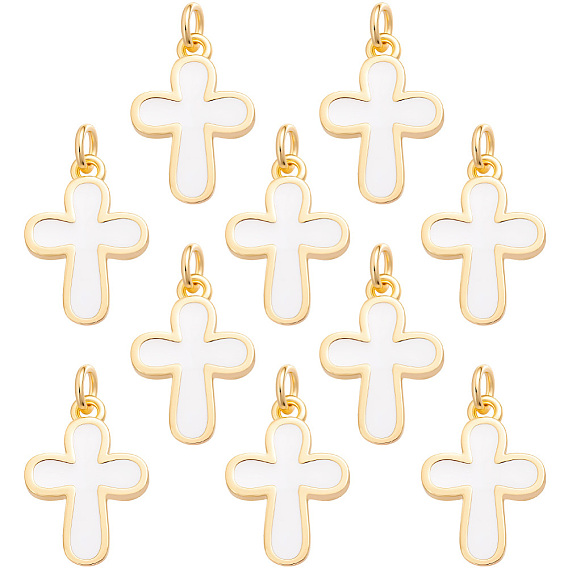 10Pcs Brass Enamel Pendants, Cross Charms, with Real 18K Gold Plated and Jump Ring, Lead Free & Cadmium Free