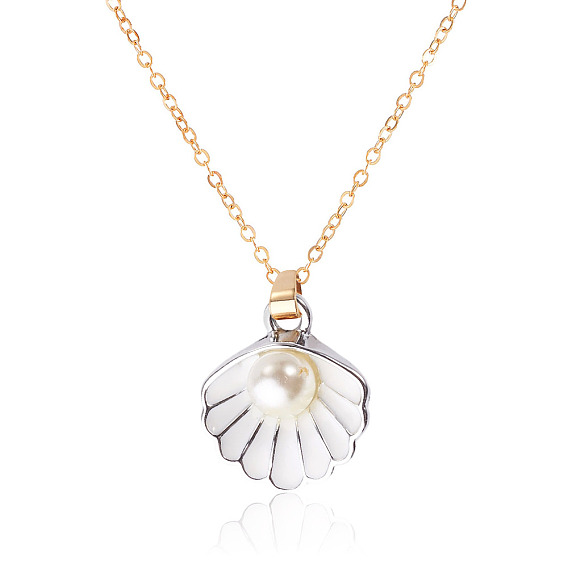 304 Stainless Steel Necklaces, Shell Shape, with Alloy Enamel & ABS Plastic Imitation Pearl Pendants, Golden