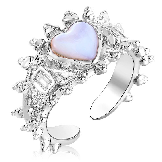 925 Sterling Silver Heart Open Cuff Ring, Natural Shell Chunky Ring with Clear Cubic Zirconia for Women