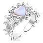925 Sterling Silver Heart Open Cuff Ring, Natural Shell Chunky Ring with Clear Cubic Zirconia for Women