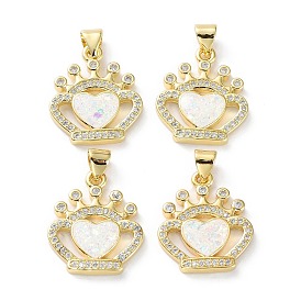 Rack Plating Brass Micro Pave Cubic Zirconia Pendants, Synthetic Opal Crown Charms with Snap on Bail, Cadmium Free & Lead Free, Long-Lasting Plated, Real 18K Gold Plated