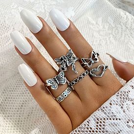Vintage Joint Ring Set - 6pcs Creative Heart-shaped Hollow Butterfly Antique Silver Rings