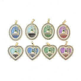 Rack Plating Brass Micro Pave Clear Cubic Zirconia Pendants, with Enamel, Long-Lasting Plated, Lead Free & Cadmium Free, Oval/Heart with Castle Charms