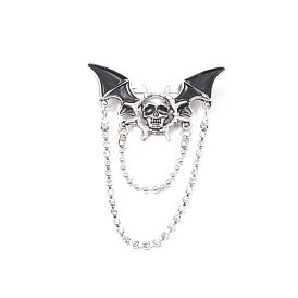 Halloween Skull Bat Alloy Enamel Hanging Chain Brooch with Double Chains, for Clothes Backpack, Antique Silver