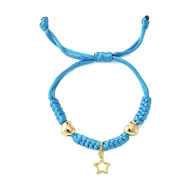 Heart & Star Brass Charm Bracelets, Adjustable Polyester Braided Cord Bracelets for Women, Deep Sky Blue