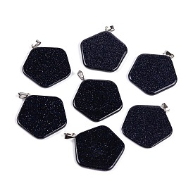 Synthetic Blue Goldstone Pendants, Pentagon Charms with 201 Stainless Steel Snap on Bails