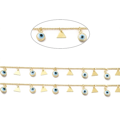 Brass Curb Chains, with Light Sky Blue Enamel Evil Eyes & Triangle Charms, Soldered, with Spool