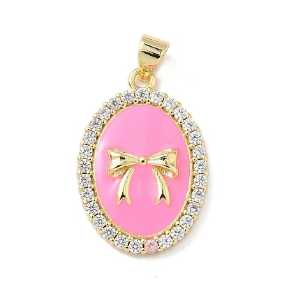 Латунные микропроволочные кубические циркониевые подвески из эмали, овал с бантом, без свинца и без кадмия, долговечный, реальный 18 k позолоченный, стойки покрытие