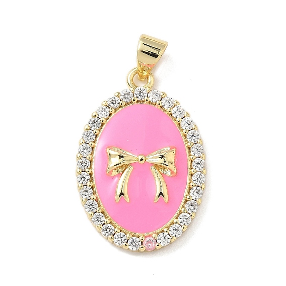 Латунные микропроволочные кубические циркониевые подвески из эмали, овал с бантом, без свинца и без кадмия, долговечный, реальный 18 k позолоченный, стойки покрытие