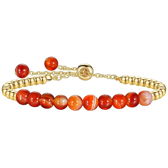 Natural Gemstone 304 Stainless Steel Round Beaded Adjustable Slider Bracelets for Men Women, Real 18K Gold Plated