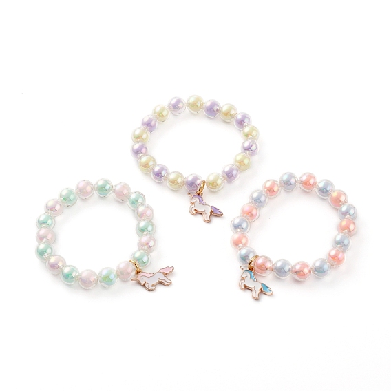 Transparent Acrylic Bead in Bead Stretch Bracelet Sets for Kids, with Alloy Enamel Unicorn Pendants