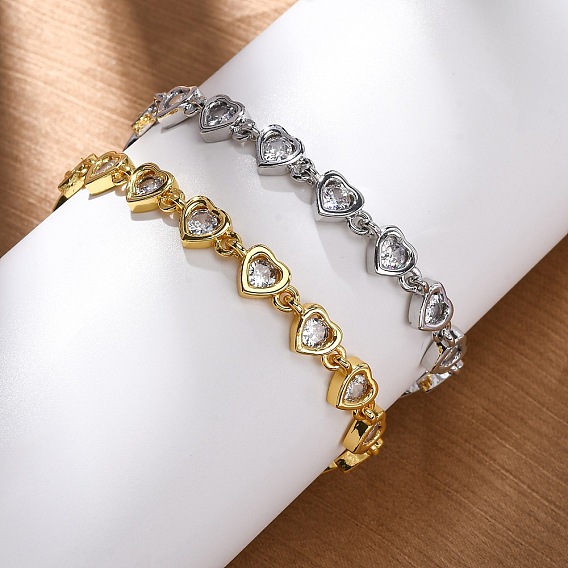 Латунные браслеты с микропаве из прозрачных кубических цирконий для женщин, сердце, без кадмия и без свинца, стойки покрытие, долговечный