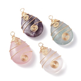 Pendentifs pierres précieuses naturelles mixtes, avec fil de cuivre doré enroulé, charmes de larme