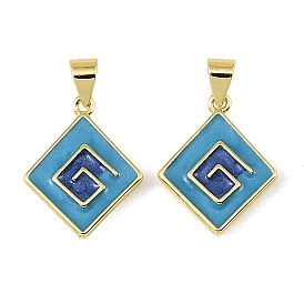 Brass Enamel Pendants, Rhombus with Spiral Charms