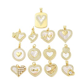 Valentine"s Day Brass Micro Pave Clear Cubic Zirconia Pendants, with Shell, Heart