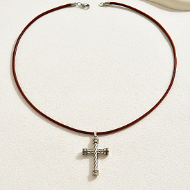 Ожерелья из ретро-сплава в стиле хип-хоп с крестом/игральной картой/плоскими круглыми подвесками, PU кожаный шнур ожерелья