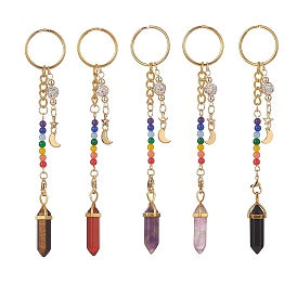 Chakra Natural Mixed Gemstone Bullet Pendant Keychain, with 304 Stainless Steel Moon & Star Charms & Lobster Claw Clasps, Iron Split Key Rings