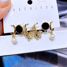 Chic Pearl and CZ Earrings Set - 3 Pairs of Gold-Plated Copper Ear Studs & Hoops