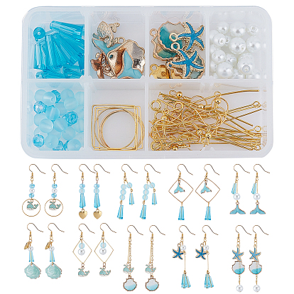 DIY Ocean Theme Dangle Earring Making Kits, Including Glass Beads, Alloy Pendants, Brass Linking Rings & Cable Chain & Pins & Jump Rings