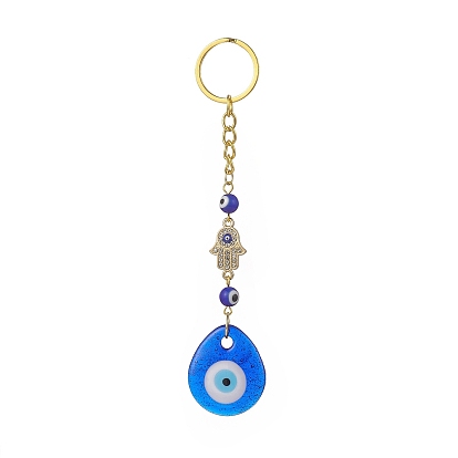 Heart/Hamsa Hand/Teardrop/Flat Round with Evil Eye Lampwork Pendant Keychain, with Alloy Rhinestone Links Connectors and Iron Findings, for Woman Bag Car Key Decoration