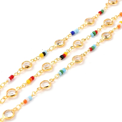 Handmade Brass Beaded Chains, with Glass Flat Round Links & Seed Beads, Long-Lasting Plated, Soldered, with Spool, Golden