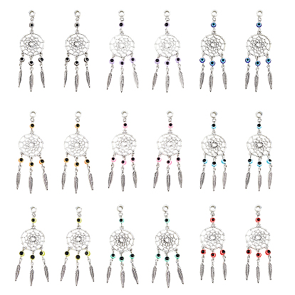 36 шт. 4 цвета, тканая сетка/паутина из сплава в тибетском стиле с перьями, европейские подвески с подвесками, Подвеска с большим отверстием и пластиковым сглазом, античное серебро