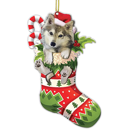 Christmas Socking with Wolf Acrylic Pendant Decorations, for Christmas Tree Party Hanging Ornaments