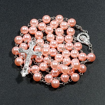 Plastic Imitation Pearl Rosary Bead Necklace for Easter, Alloy Crucifix Cross Pendant Necklace with Iron Chains