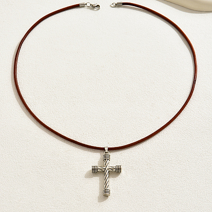 Ожерелья из ретро-сплава в стиле хип-хоп с крестом/игральной картой/плоскими круглыми подвесками, PU кожаный шнур ожерелья