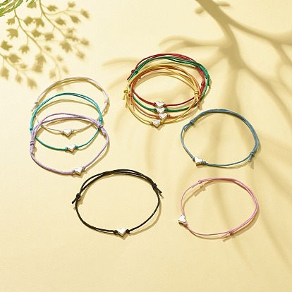 10Pcs 10 Color Alloy Heart Beaded Cord Bracelets Set, Adjustable Bracelets for Women