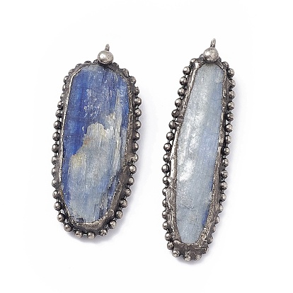 Natural Kyanite/Cyanite/Disthene Quartz Pendants, Oval Charms, with Antique Silver Tone Brass and Tin Findings