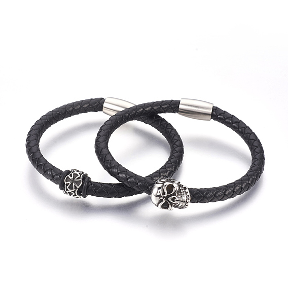 Couple Braided Leather Cord Bracelets Sets, with 304 Stainless Steel Findings and Magnetic Clasps, Column and Skull