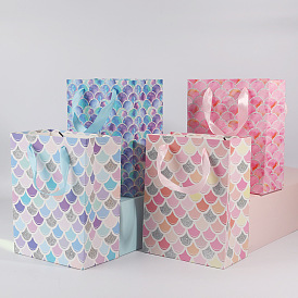 Fish Scales Printed Paper Gift Bags with Handles, for Birthday Wedding Christmas Party, Rectangle