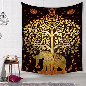 Polyester Tree of Life & Elephant Pattern Wall Hanging Tapestry, Rectangle Tapestry for Bedroom Living Room Decoration