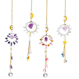 Ring Natural Gemstone Chip Window Hanging Suncatchers, with Glass Teardrop Charms and Metal Moon/Sun Link