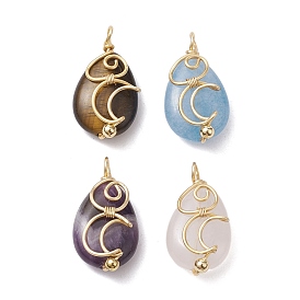 Gemstone Copper Wire Wrapped Pendants, Teardrop Charms with Moon, Golden
