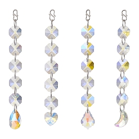 Christmas Glass Octagon Beads Hanging Suncatchers, Moon/Heart/Teardrop/Leaf Charms and 304 Stainless Steel S-Hook Clasps for Home Window Ornaments