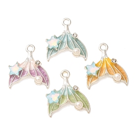 Alloy & Crystal Rhinestone & Enamel Pendants, Fishtail Shape Charms, with ABS Imitation Pearl, Silver