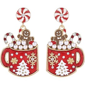 Литые эмаль болтаться серьги стержня, со стразами и пластиковым жемчугом, пряничный человечек с чашкой