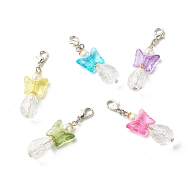 Pendentifs en perles acryliques transparentes papillon, avec imitation perle en plastique ABS et perles en alliage, épingles à tête plate en fer et fermoirs à pince de homard en alliage