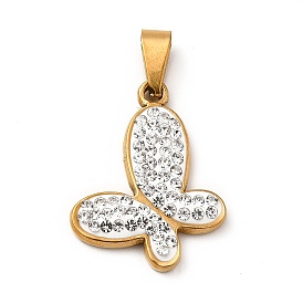 Polymer Clay Rhinestone Pendant, with Vacuum Plating 201 Stainless Steel, Butterfly