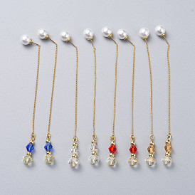 Pendientes de cadena larga, latón cuelgan aretes, con perlas de vidrio, pendientes de perlas de imitación acrílicas espalda / tuercas, dorado